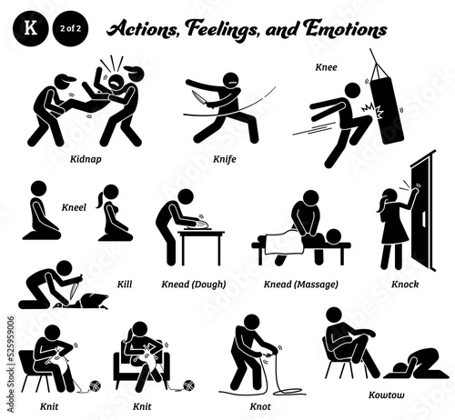 Stick figure human people man action, feelings, and emotions icons alphabet K. Kidnap, knife, knee, kneel, kill, knead, knock, knit, knot, and kowtow.
