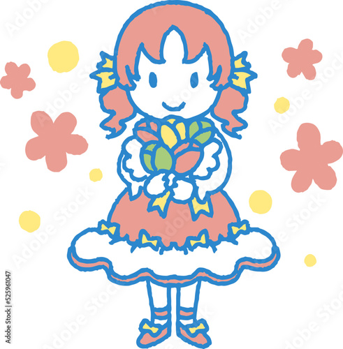 チューリップの花束を持つおしゃれをした女の子のイラスト