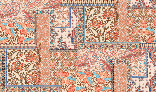 patchwork floral pattern with paisley and indian flower motifs. damask style pattern for textil and decoration