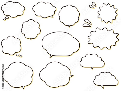 黄色い影のある雲形の吹き出しセット