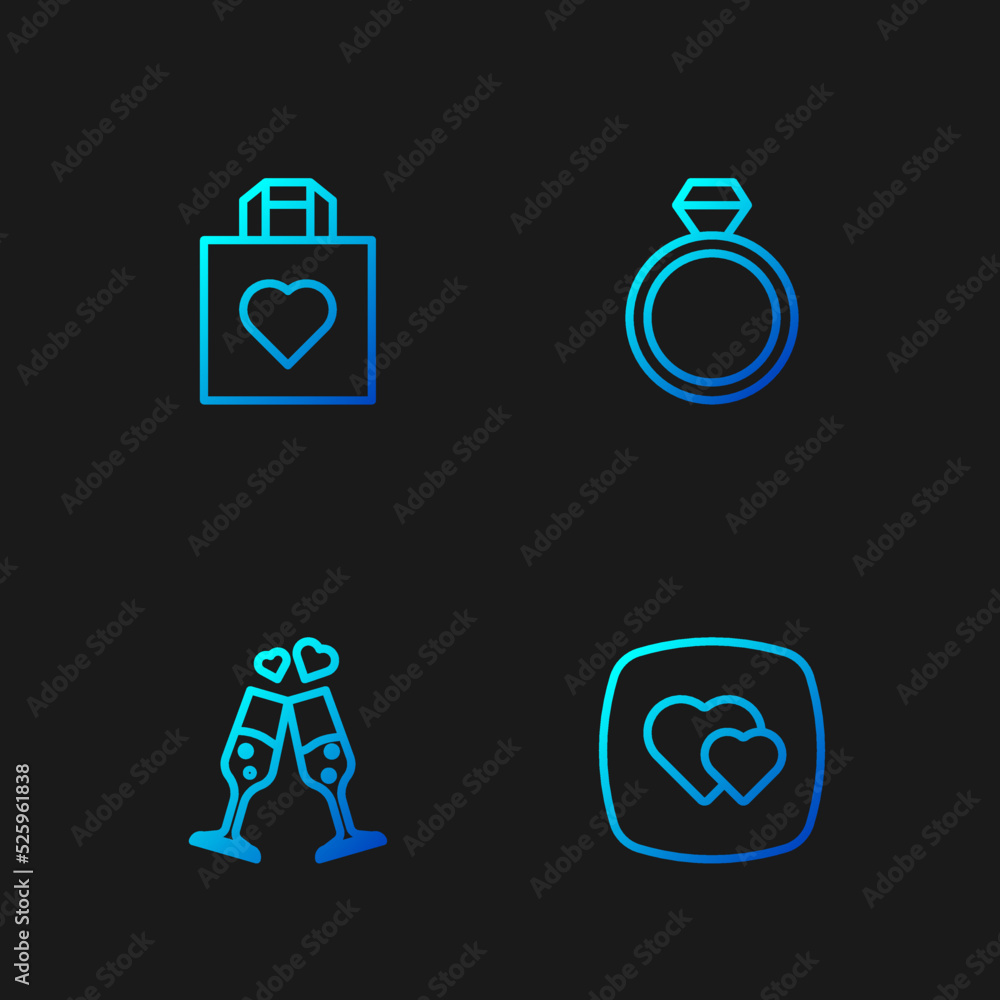 Set line Heart, Glass of champagne, Shopping bag with heart and Wedding rings. Gradient color icons. Vector Set line Heart, Glass of champagne, Shopping bag with heart and Wedding rings. Gradient color icons. Vector