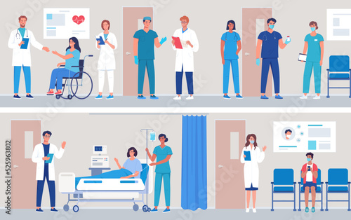 Medical workers, doctors and nurses, work in hospitals, treat patients, and take care of people