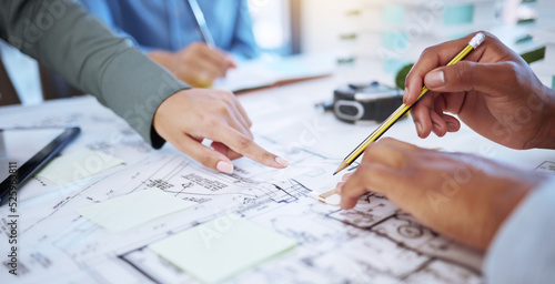 Architect, planning or blueprint with a designer and engineer working as a team in construction, architecture and design industry. Building, teamwork and collaboration with the hands of a contractor