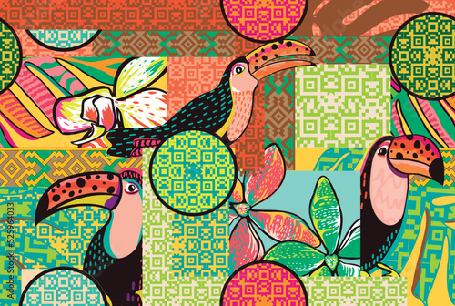 Fun tropical pattern with toucans and amazon motives, perfect for fashion fabrics and decoration