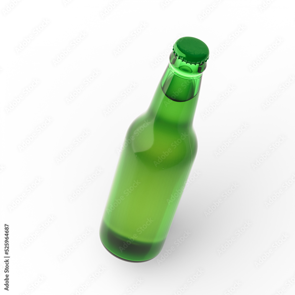 3d illustration. Bottles of beer floats above the table. Isolation, shadow. Mockup, presentation, advertising. 3d render 3d illustration. Bottles of beer floats above the table. Isolation, shadow. Mockup, presentation, advertising. 3d render