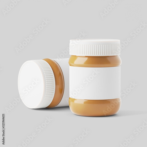 3d illustration. Mockup of two peanut butter jars with a white label and a screw cap on a gray background with a shadow. 3d render.