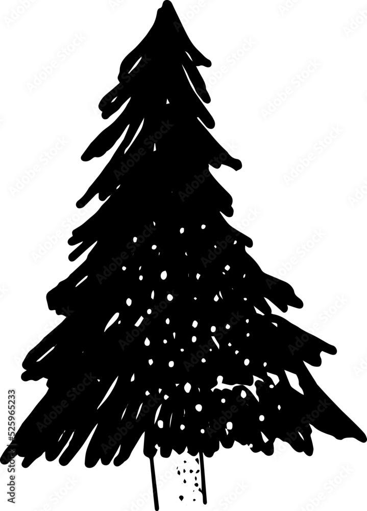 Mountain with pine trees and landscape black on white background. Hand ...