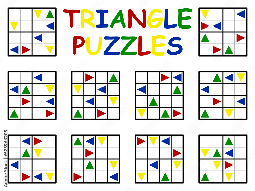 Triangle puzzles big set for beginners vector illustration. Funny logic