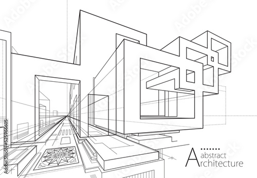 3D illustration of imagination architecture building construction perspective design, black and white line drawing of abstract modern urban building.