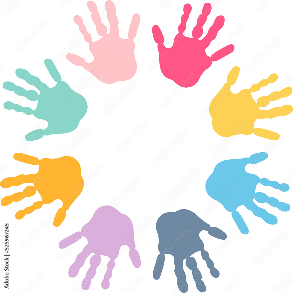 Circle spiral of colorful hand prints made by children. Circle spiral of colorful hand prints made by children.