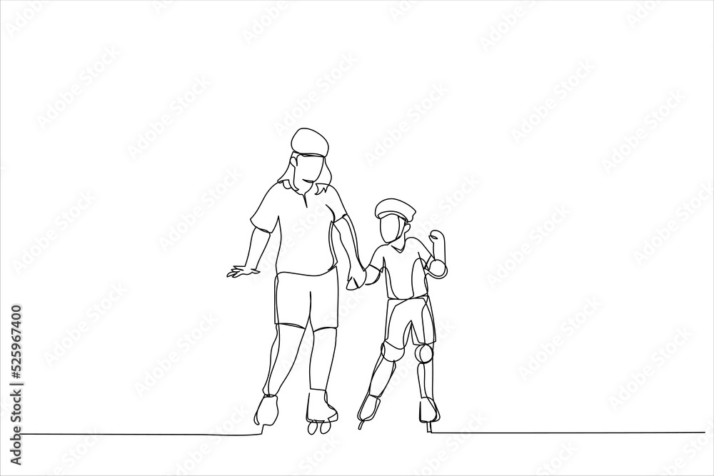 Cartoon of Dad with his little daughter on the rollerblades skates. Single continuous line art style Cartoon of Dad with his little daughter on the rollerblades skates. Single continuous line art style