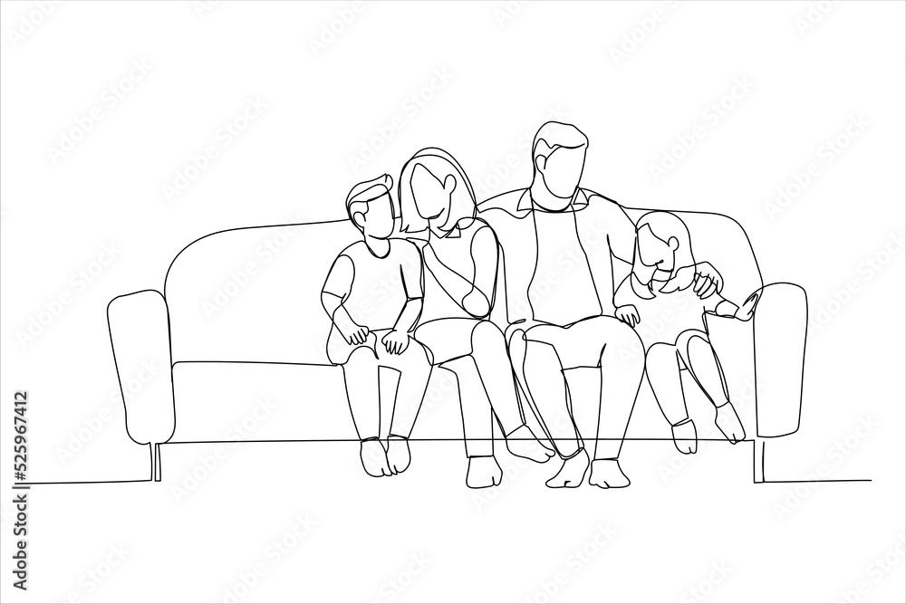 Cartoon of affectionate young parents relaxing on sofa, cuddling small children. Continuous line art Cartoon of affectionate young parents relaxing on sofa, cuddling small children. Continuous line art