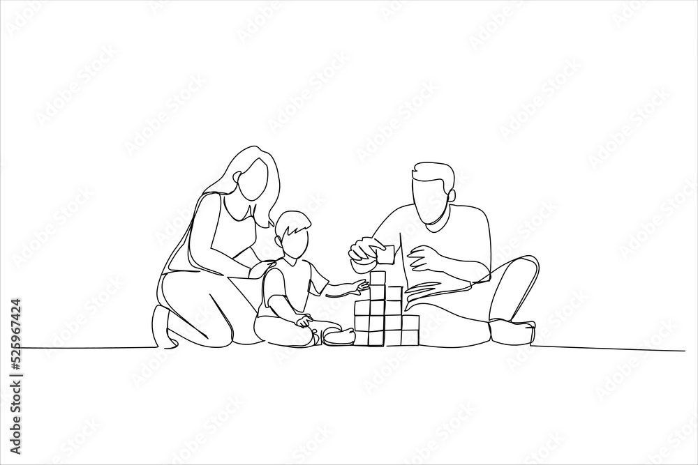 Cartoon of young mom, dad and child building tower of blocks sitting on warm floor in the living room. Continuous line art style Cartoon of young mom, dad and child building tower of blocks sitting on warm floor in the living room. Continuous line art style