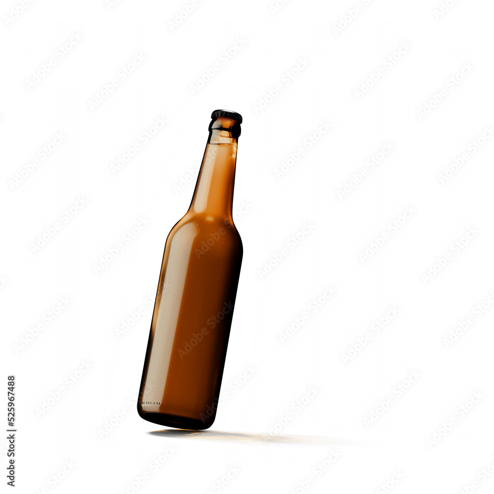 3d illustration. Bottles of beer floats above the white background. Isolation, shadow. Mockup, presentation, advertising. 3d render 3d illustration. Bottles of beer floats above the white background. Isolation, shadow. Mockup, presentation, advertising. 3d render