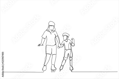 Cartoon of Dad with his little daughter on the rollerblades skates. Single continuous line art style