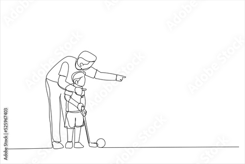 Illustration of father teaching his son how to play golf. One line art style