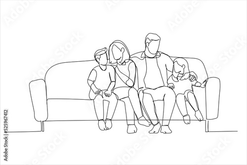 Cartoon of affectionate young parents relaxing on sofa  cuddling small children. Continuous line art