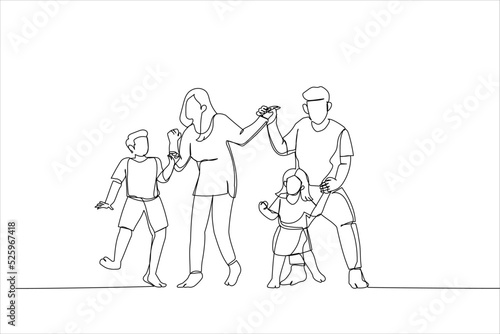 Drawing of overjoyed family jumping to music in living room. Single continuous line art