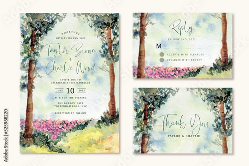 wedding invitation set with forest landscape watercolor background