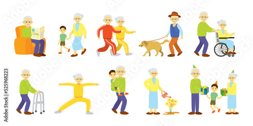 grandparents daily activities, reading newspapers, walking with grandchildren, exercising and others, suitable for children's story books, stickers, mobile applications, games, websites, posters