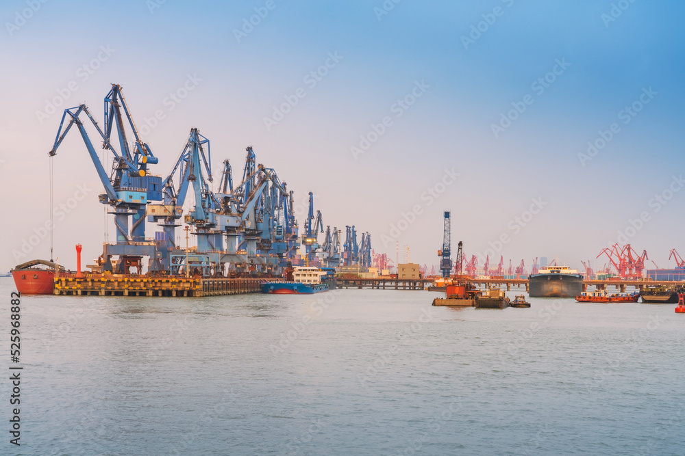 Yangtze River port wharf and and sunset scenery in Jiangyin City, China