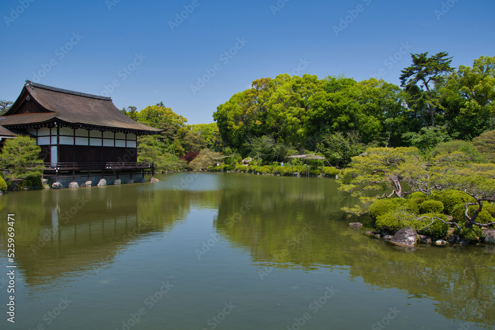 The garden pond beside the shrine building inside the Heian-Jingu shrine. Kyoto Japan
The garden pond beside the shrine building inside the Heian-Jingu shrine. Kyoto Japan