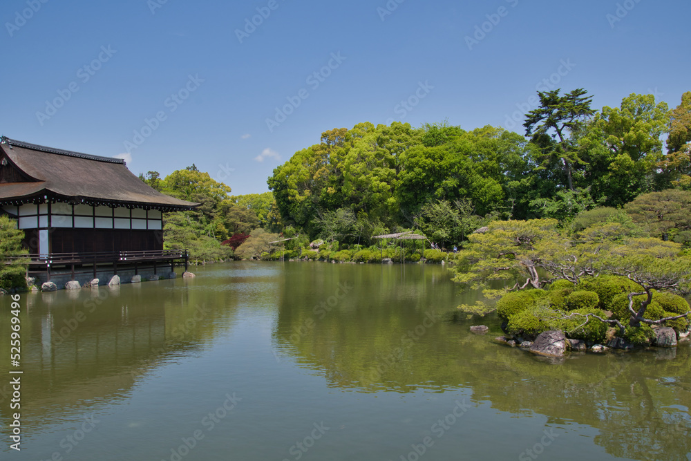 The garden pond beside the shrine building inside the Heian-Jingu shrine. Kyoto Japan
The garden pond beside the shrine building inside the Heian-Jingu shrine. Kyoto Japan