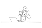 Drawing of young beautiful woman pointing at laptop and discussing something. Single line art style