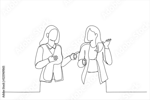 Drawing of two serious diverse female colleagues team talk walk in modern office. Single continuous line art