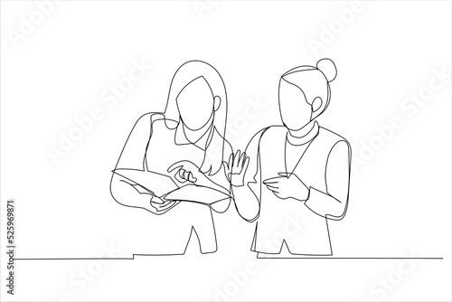 Illustration of two successful businesswomen discussing and looking to documents. One continuous line art style