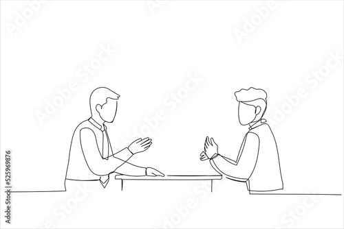 Drawing of business meeting of two partners talking about new ideas, working together at office desk. Single line art style