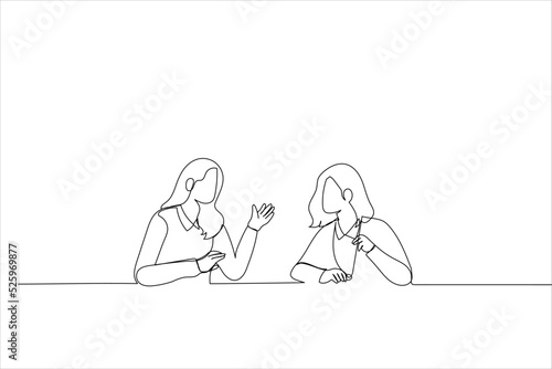 Cartoon of enthusiastic employee sharing new project ideas with female boss. Single continuous line art style