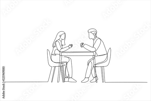 Illustration of two serious people in formal wear sitting in front of each other at long desk in the office while discussing something. One line art style