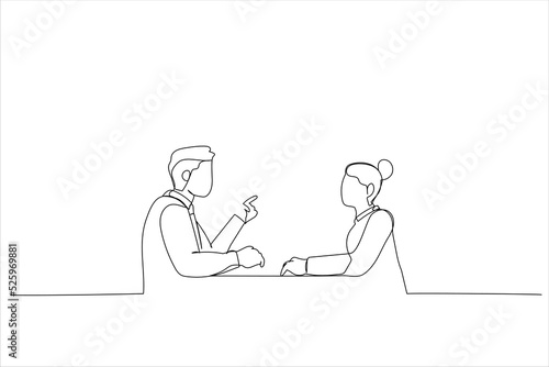 Drawing of hr specialist manager, employer, boss listening candidate at job interview. Single line art style