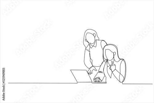 Cartoon of two happy businesswomen coworking in a desktop at office. Single continuous line art style