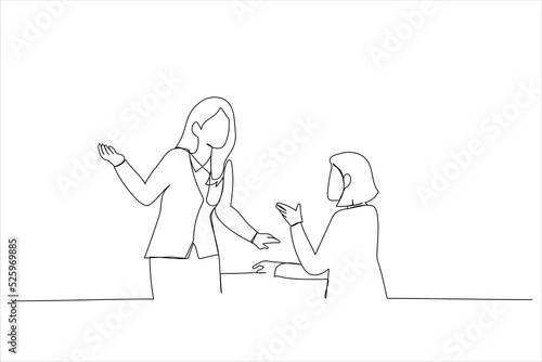 Illustration of happy business woman discussing at office desk. One line art style