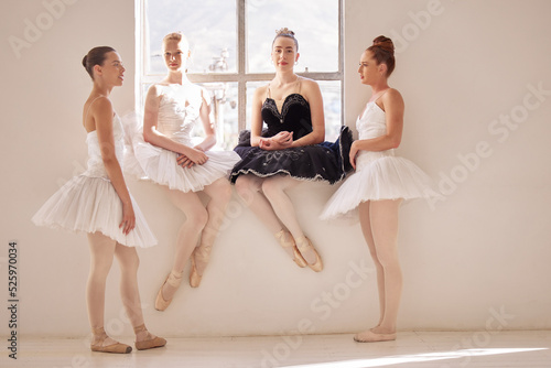 Ballet students, communication or team talking on gym or studio floor about a competition. Portrait of a ballerina, academy and school workout or creative dance art, conversation and training