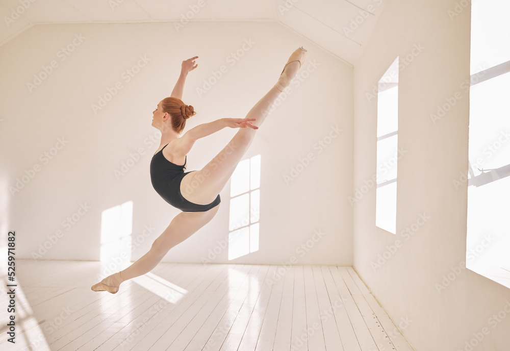 Ballet, jump and performance dance studio with young student. Dancer girl with energy in isolated classroom and moving in the air. Beautiful woman ballerina with strong body and stunning posture. Ballet, jump and performance dance studio with young student. Dancer girl with energy in isolated classroom and moving in the air. Beautiful woman ballerina with strong body and stunning posture.