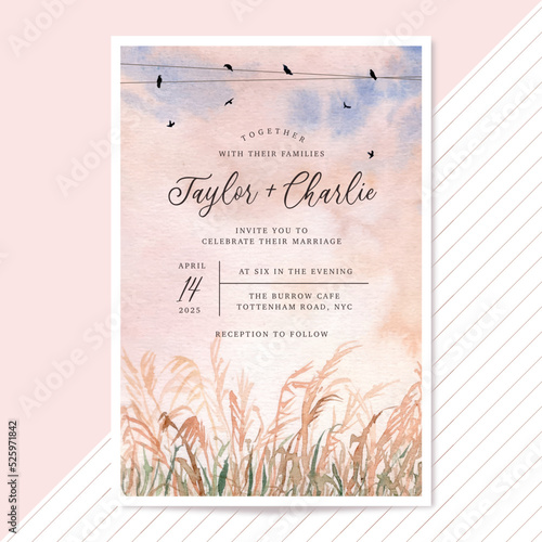 wedding invitation with beautiful watercolor meadow scenery