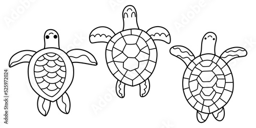 Three hand-drawn sea turtles coloring book page vector illustration. Funny cartoon turtles black linear set isolated on white printable page. Funny sea reptiles collection horizontal page vector