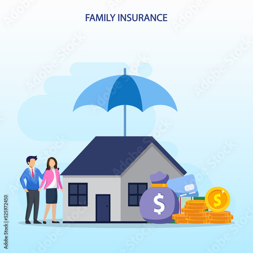Family insurance concept, home insurance, budget protection, claim insurance, flat vector illustration