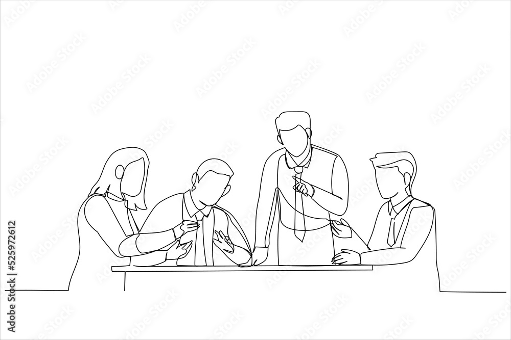 Cartoon of office worker listening colleague during group meeting. Single continuous line art style