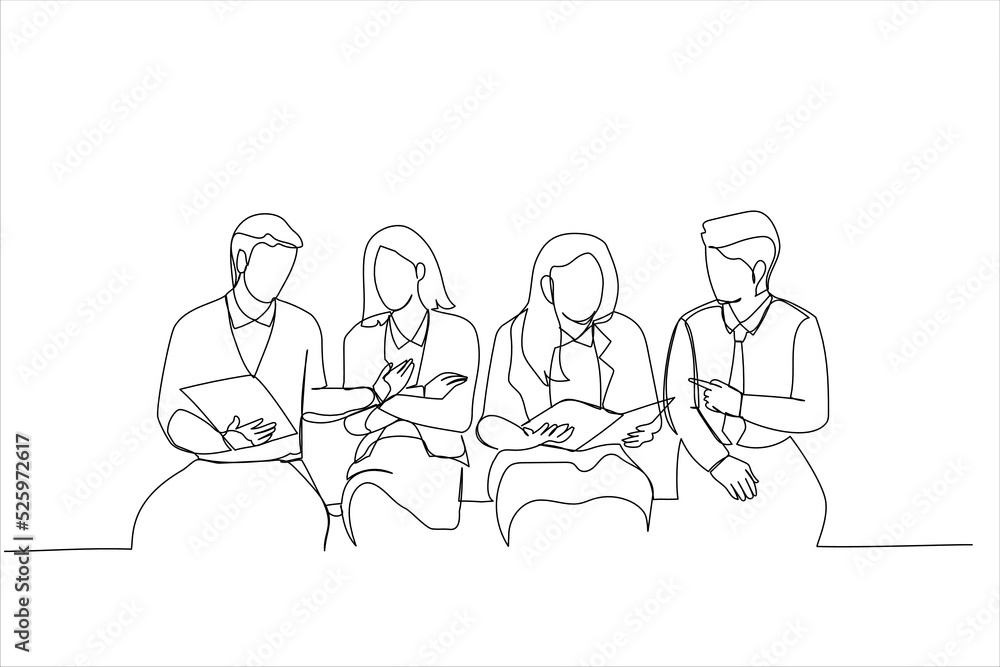 Cartoon of businessmen and women sit near meeting. Continuous line art