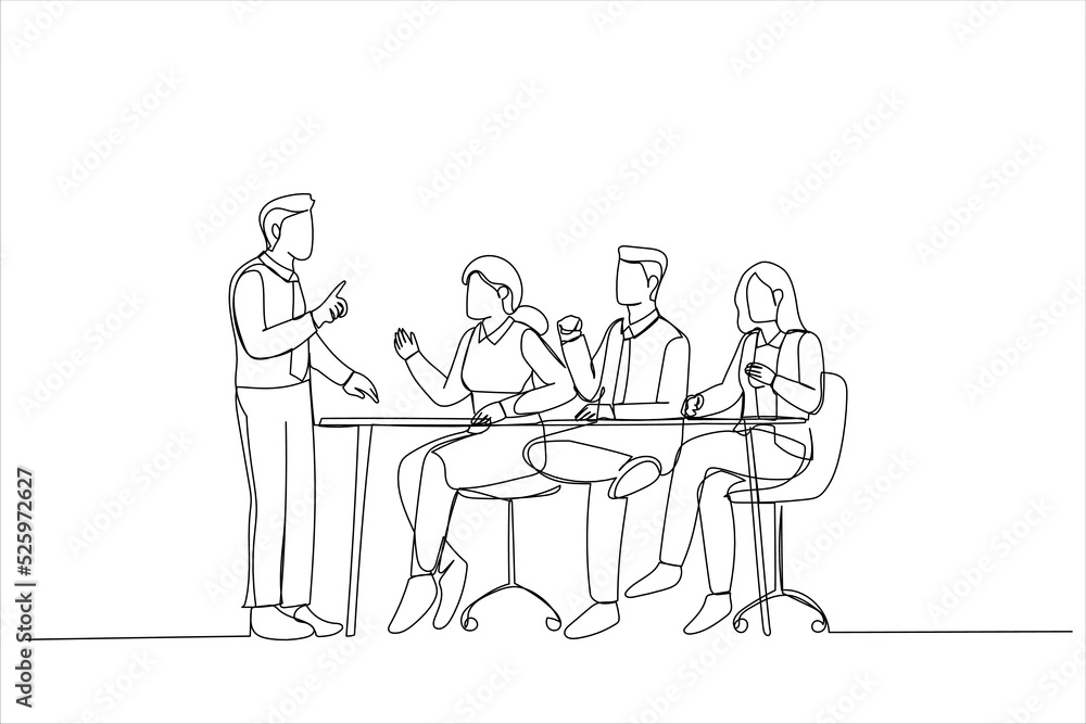 Drawing of executive leading corporate briefing with diverse employees in boardroom. Single continuous line art