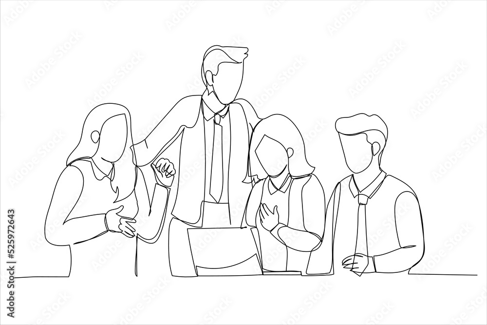 Illustration of diverse business team members having a discussion. One line art style Illustration of diverse business team members having a discussion. One line art style
