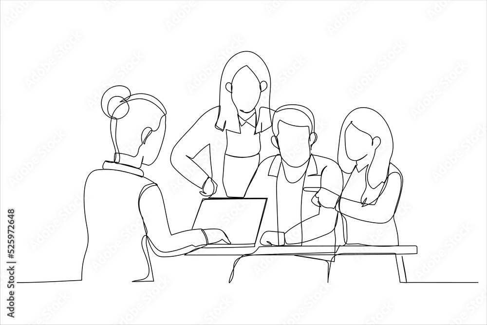 Drawing of business colleagues in team casual discussion, startup project business meeting. Single line art style Drawing of business colleagues in team casual discussion, startup project business meeting. Single line art style