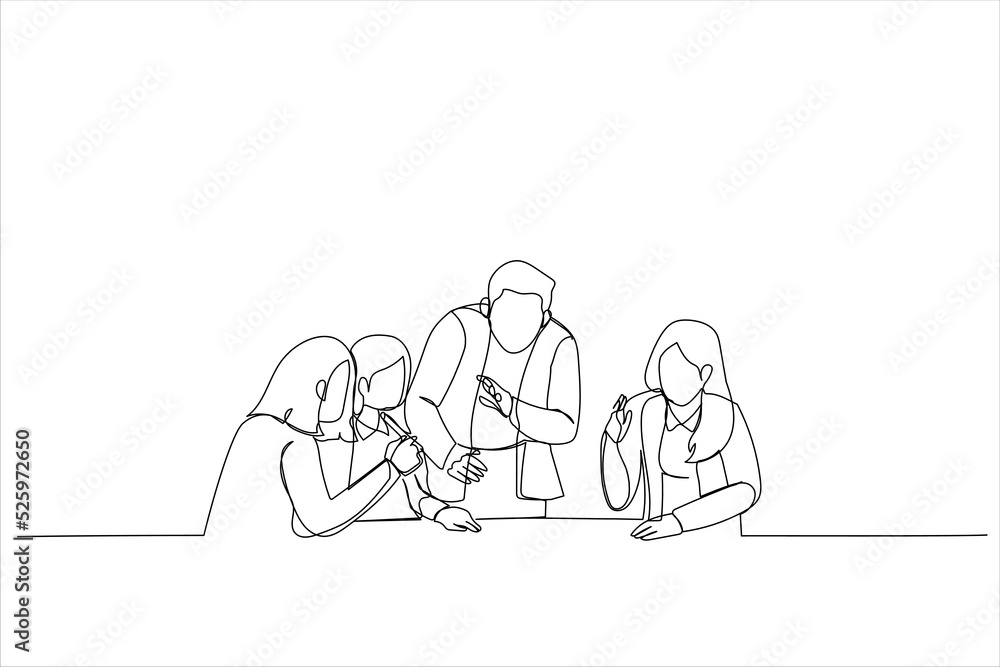 Fototapeta premium Cartoon of boss work cooperate with diverse team at office briefing. Single continuous line art style