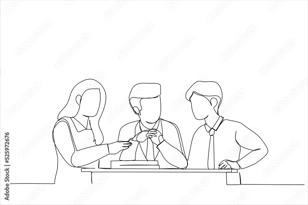 Cartoon of business people discuss the deal. Continuous line art style