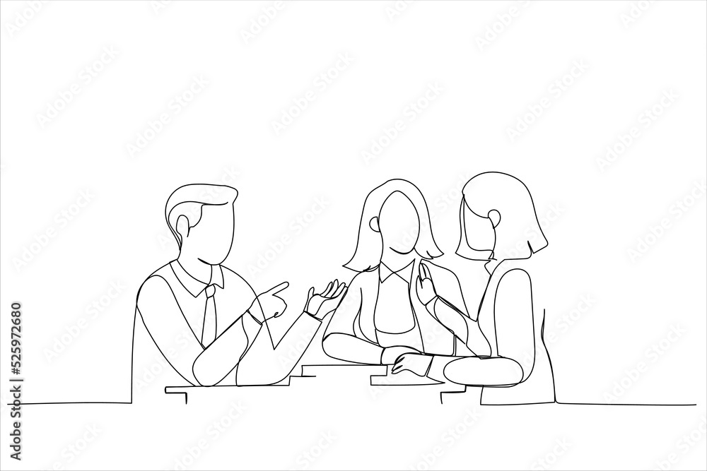 Illustration of group of office worker discuss together.. One continuous line art style