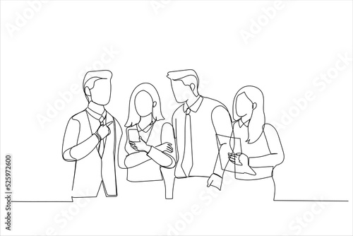 Cartoon of creative businespeople in stylish clothes having live discussion, sharing ideas and talking about business strategy. Single continuous line art style photo